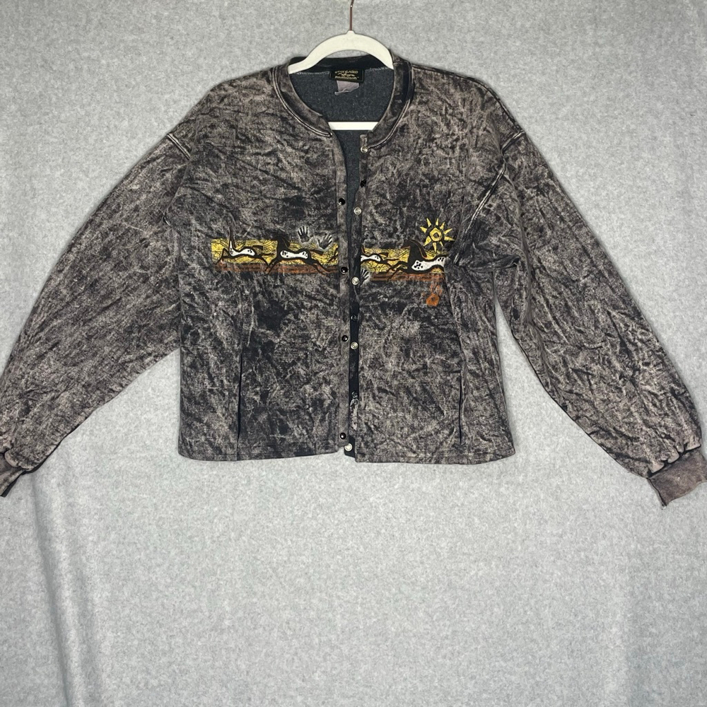 Stoneaged Rootwear Acid Wash Graphic Snap Jacket Sweater Medium